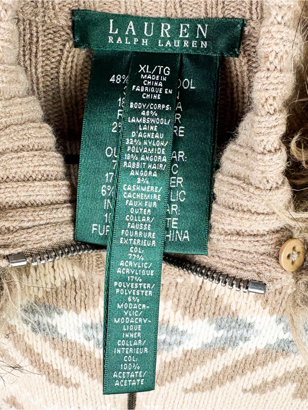 Ralph Lauren Vintage Fair Isle Fur Hooded Zip Cardigan Wool Angora Cashmere Tan - Picture 3 of 6
